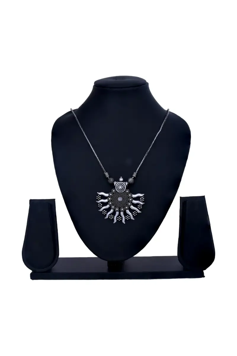 Oxidized Silver Sunburst Pendant Necklace for Girls & Women
