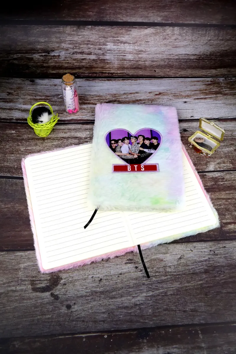 BTS Embossed Pouch Fur-Covered Ruled Diary for Kids - ( Color May Vary ) 