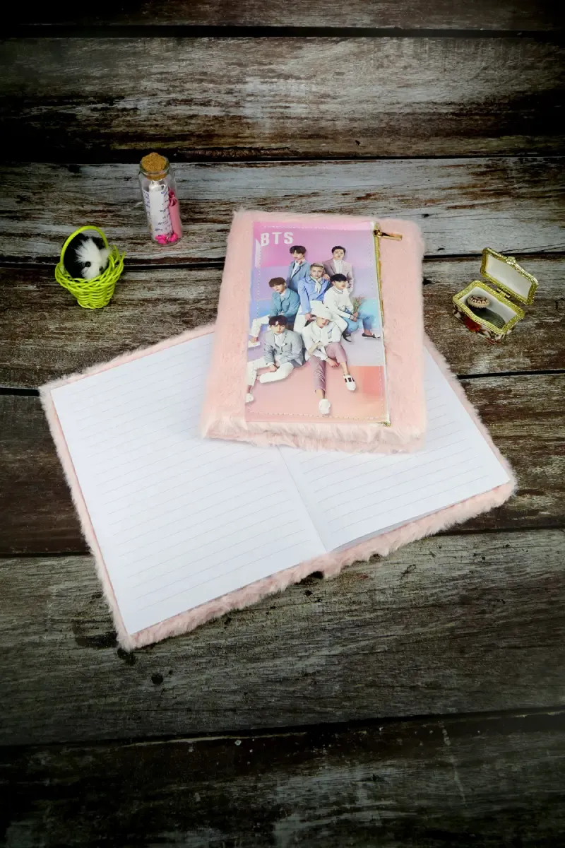 BTS Zipper Pouch Fur-Covered Ruled Diary for Kids - Peach ( Design May Vary )