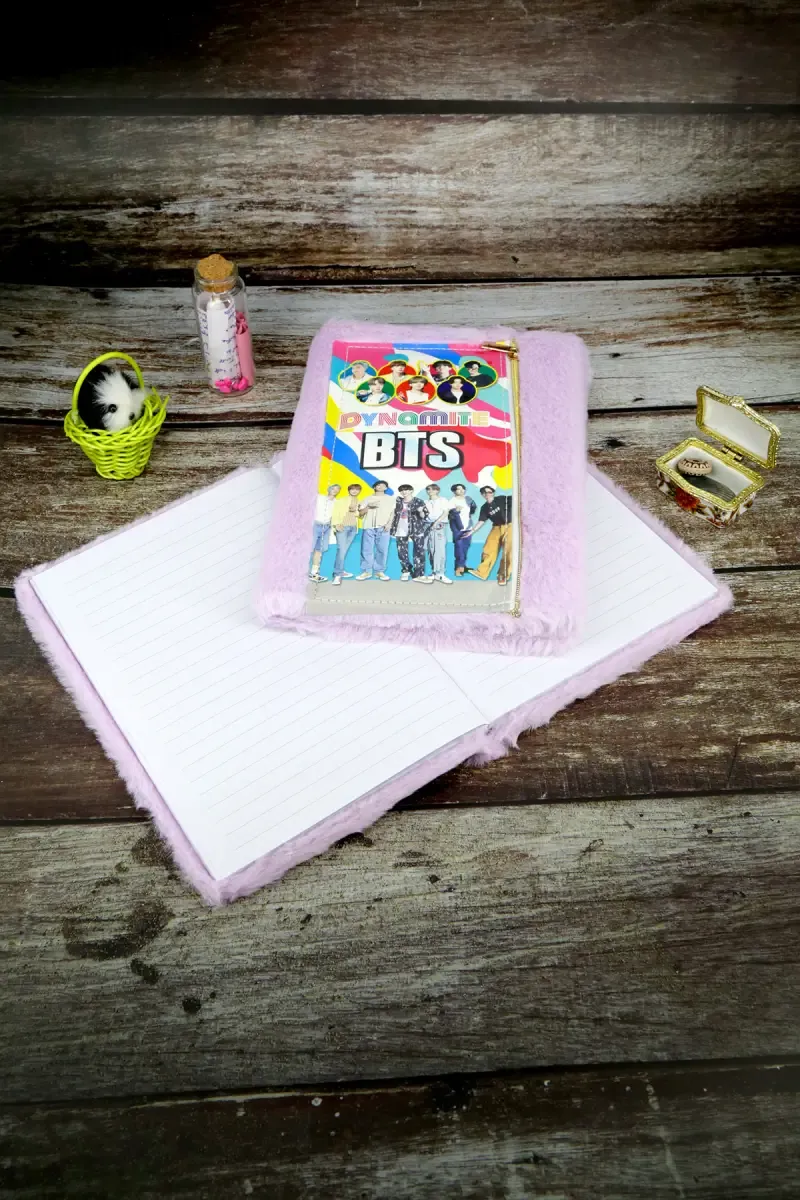 BTS Zipper Pouch Fur-Covered Ruled Diary for Kids - Purple ( Design May Vary )