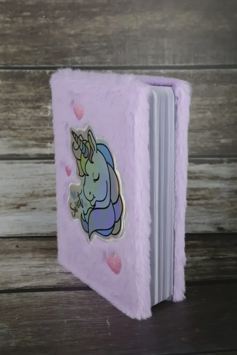 Unicorn Embossed Fur-Covered Ruled Diary for Kids - Purple