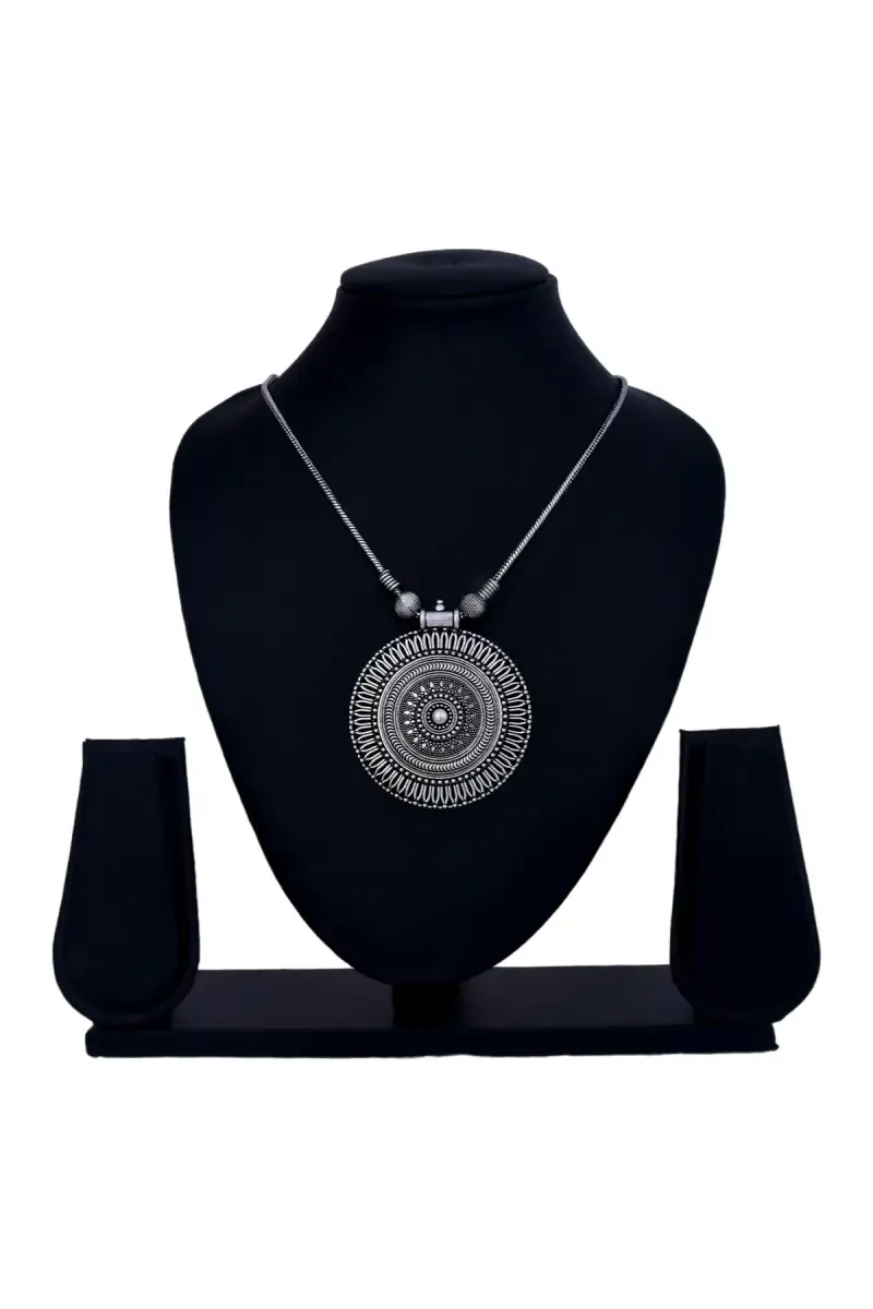 Antique Oxidized Silver Circular Pendant Necklace for Girls & Women