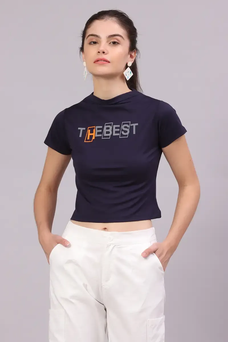 Cotton Lycra Typographic Printed T-Shirt for Women 016311XXLNAVBLU