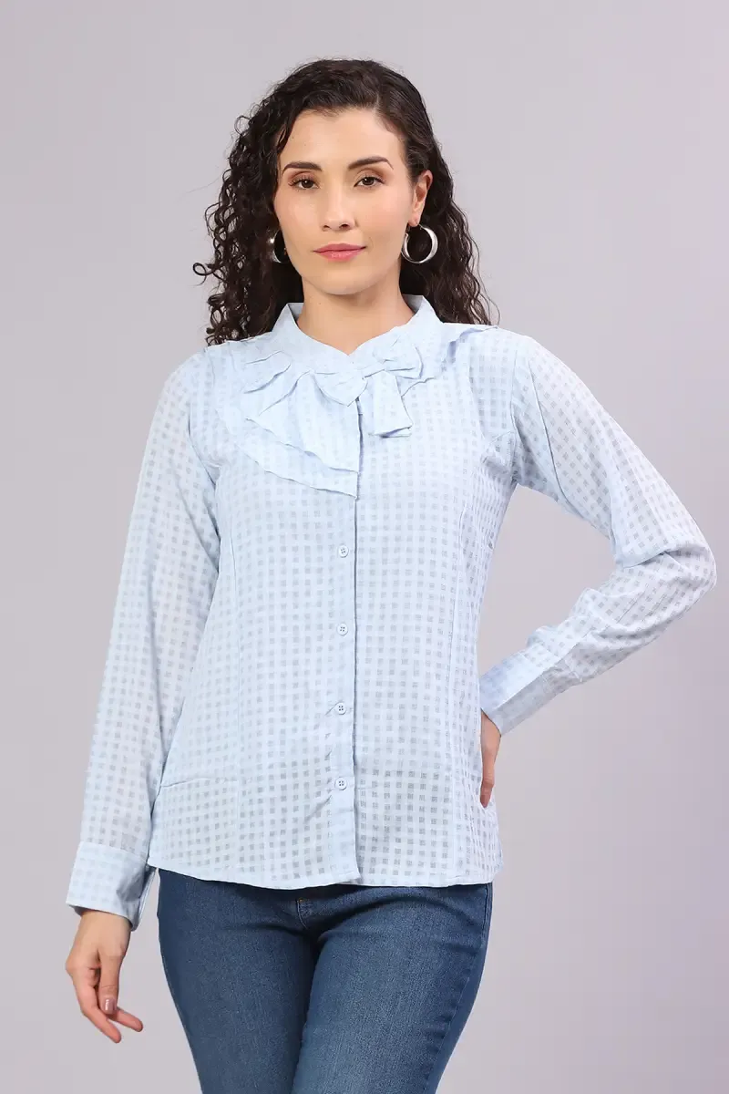 Georgette Ruffled Checkered Top for Women 016334XLLIGBLU