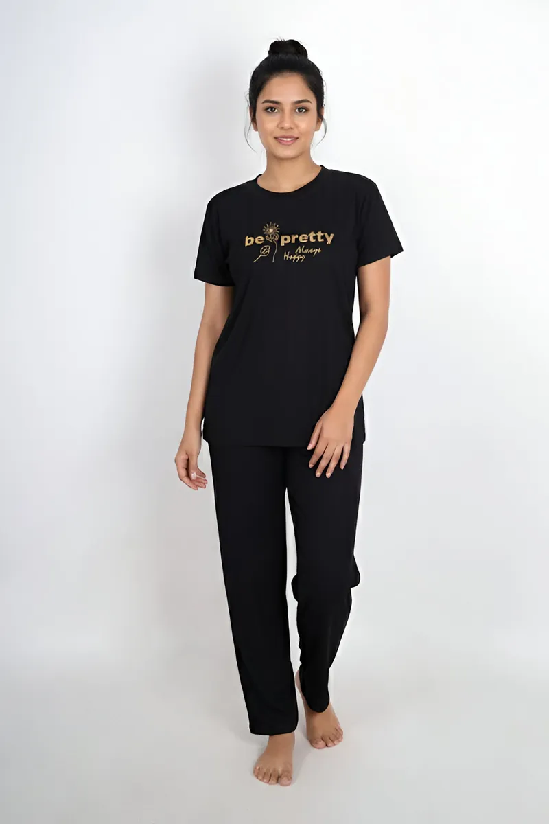 Lycra Typographic Print T-Shirt with Pyjama Set for Women 016390BLAL
