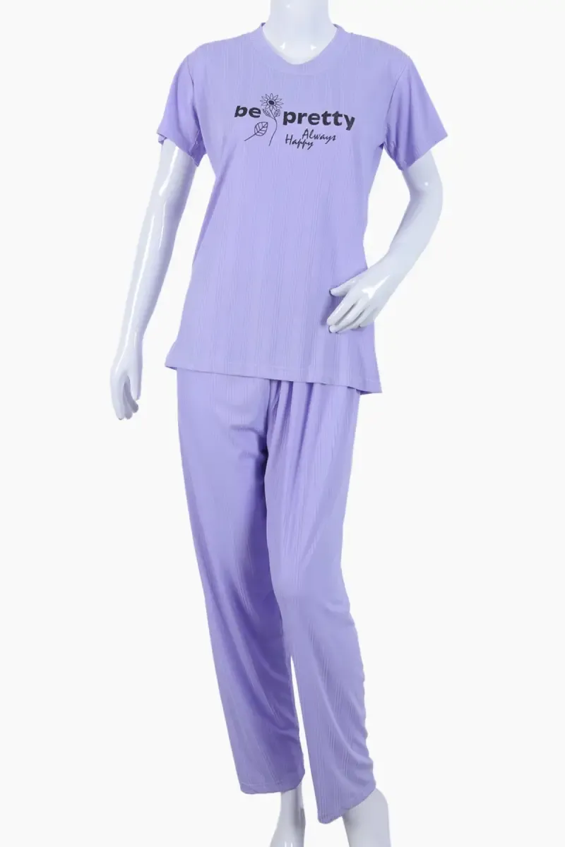 Lycra Typographic Print T-Shirt with Pyjama Set for Women