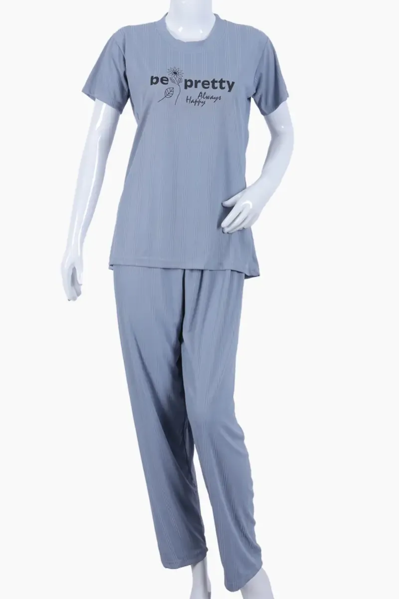 Lycra Typographic Print T-Shirt with Pyjama Set for Women 016390LIGGREXXL