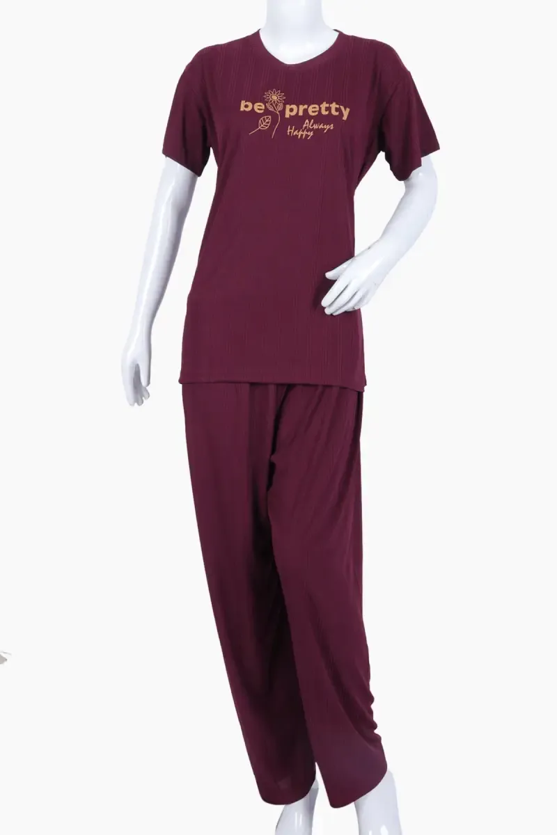Lycra Typographic Print T-Shirt with Pyjama Set for Women 016390MARXXL