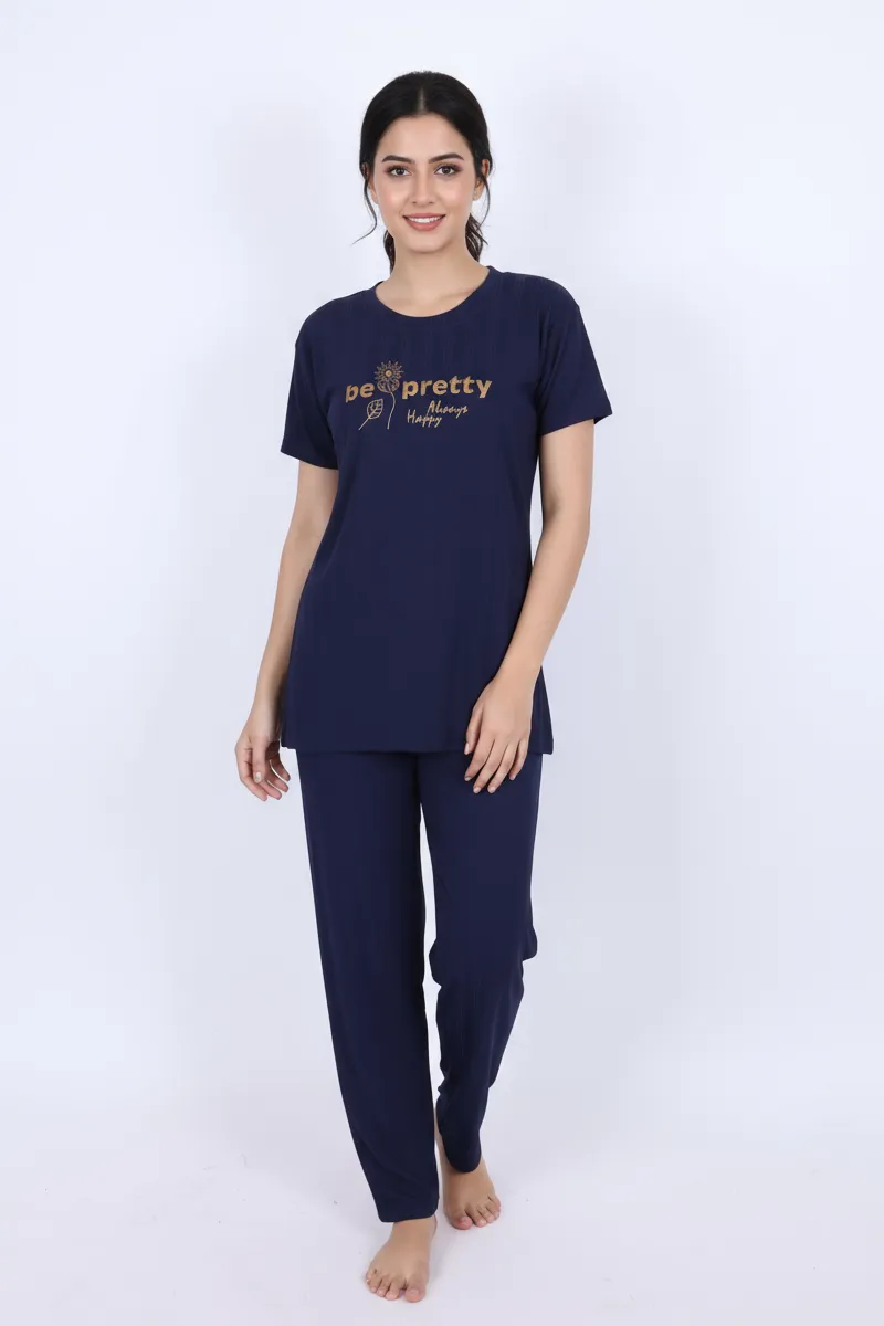 Lycra Typographic Print T-Shirt with Pyjama Set for Women 016390NAVBLUXL