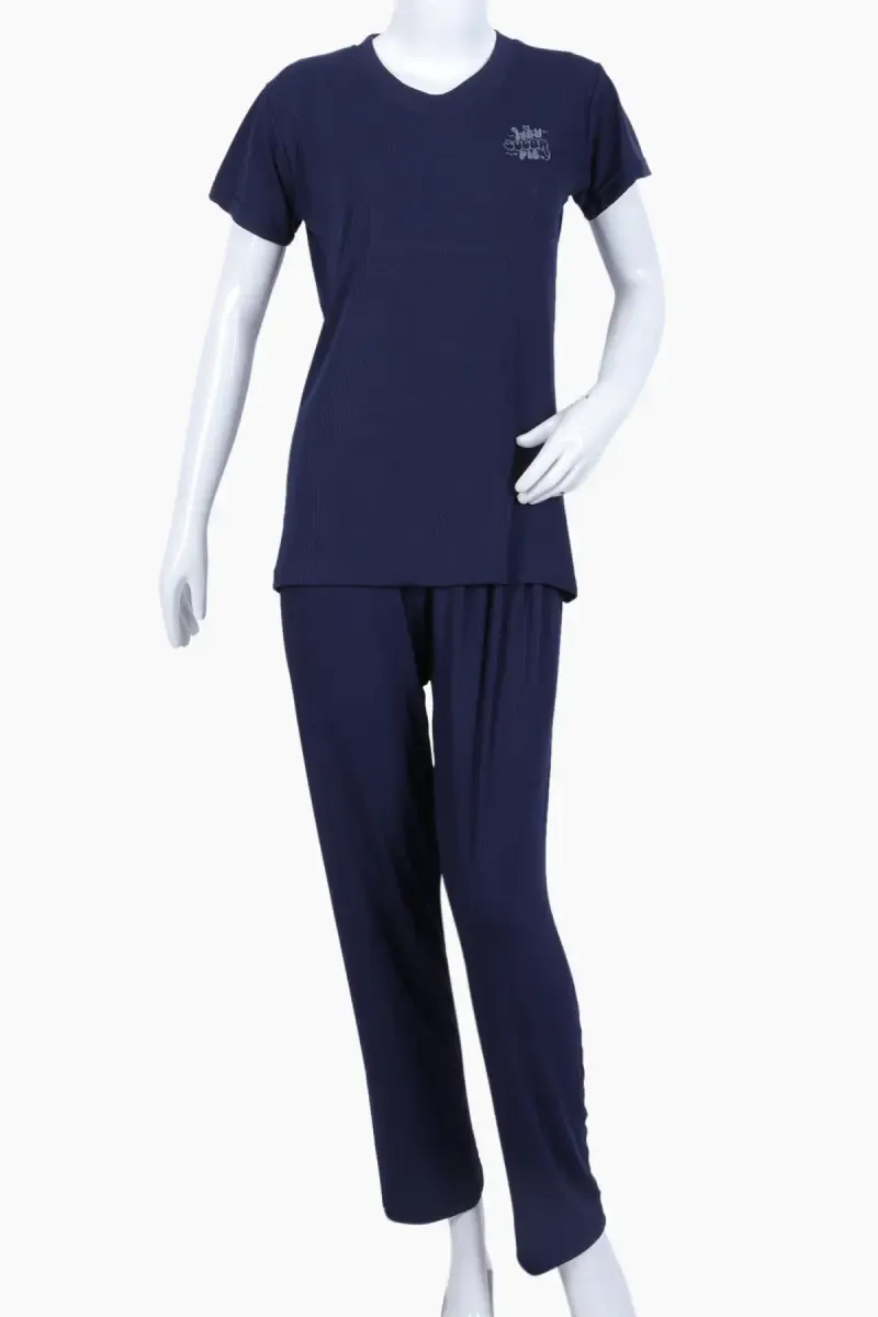 Lycra Solid T-Shirt with Pyjama Set for Women 016391NAVBLUXL