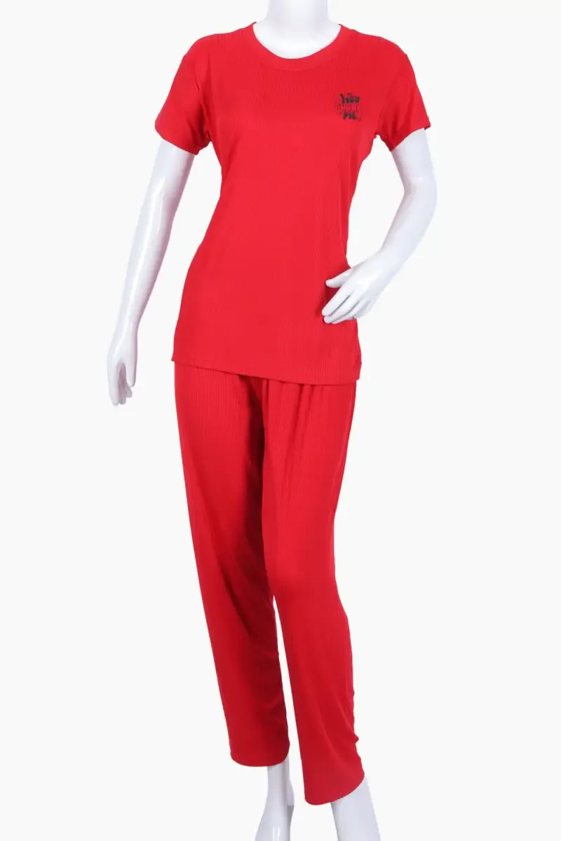 Lycra Solid T-Shirt with Pyjama Set for Women 016391REDXL