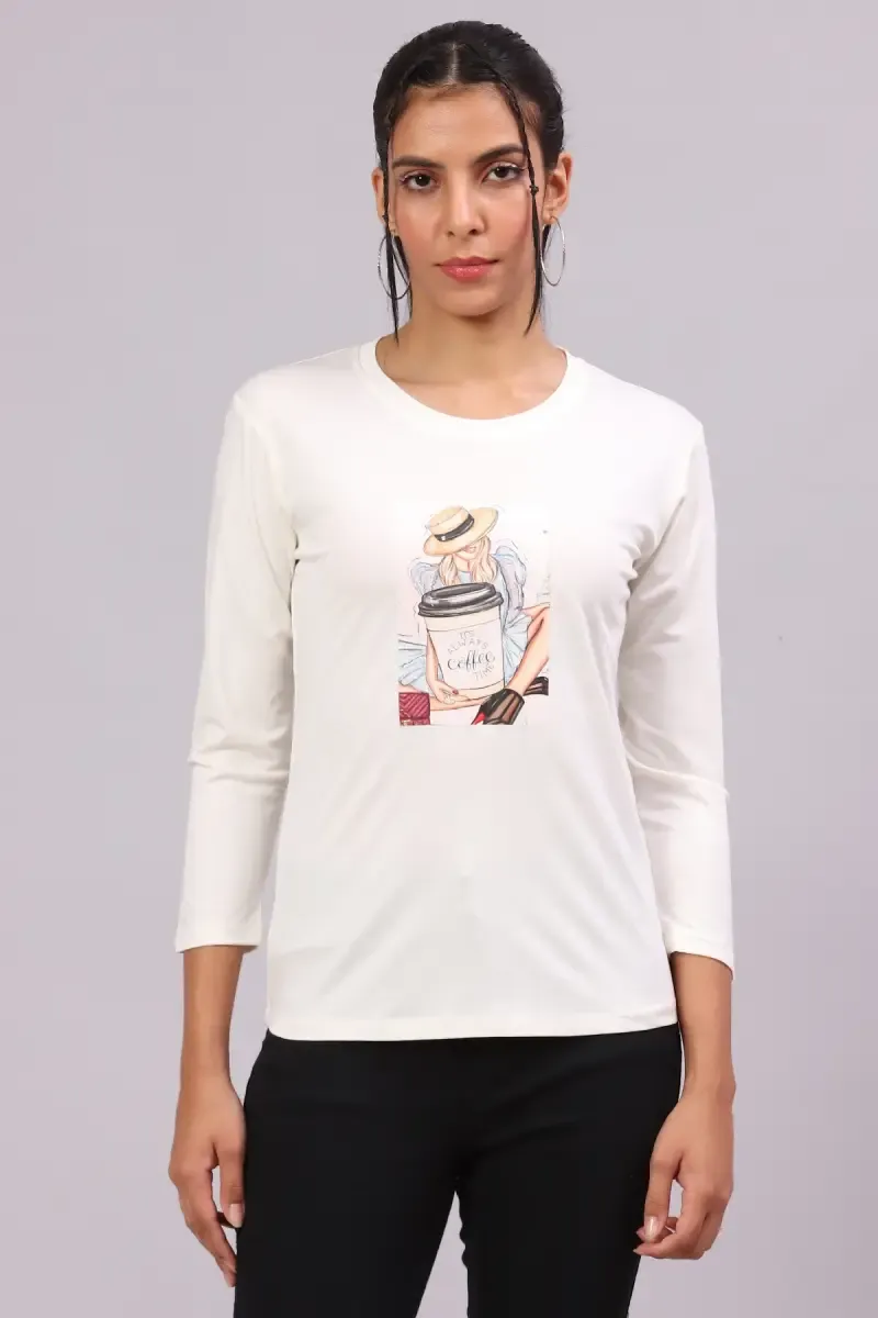 Cotton Lycra Graphic Printed T-Shirt for Women 016414LOFFWHI