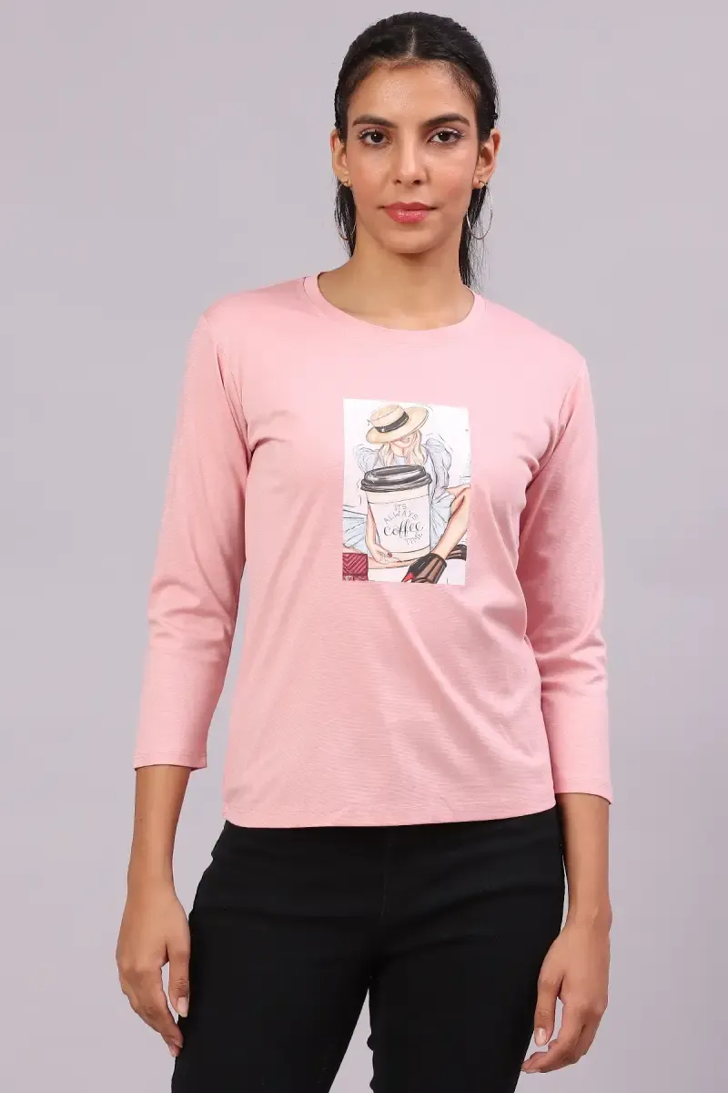 Cotton Lycra Graphic Printed T-Shirt for Women 016414LPIN