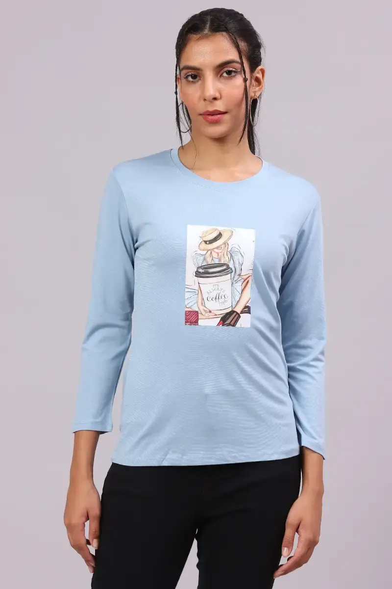 Cotton Lycra Graphic Printed T-Shirt for Women 016414XLSKYBLU