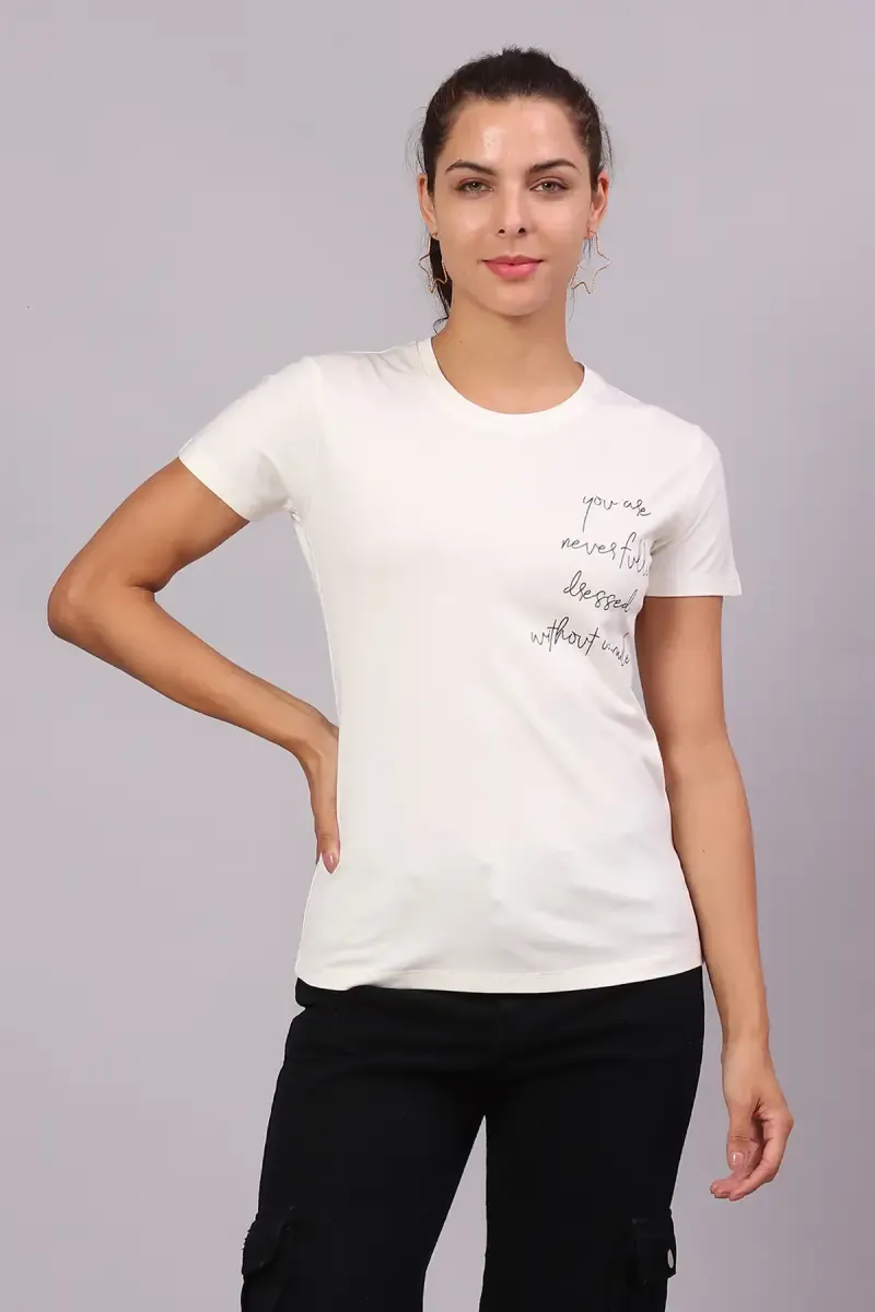 Cotton Lycra Typographic Printed T-Shirt for Women 016417XXLOFFWHI