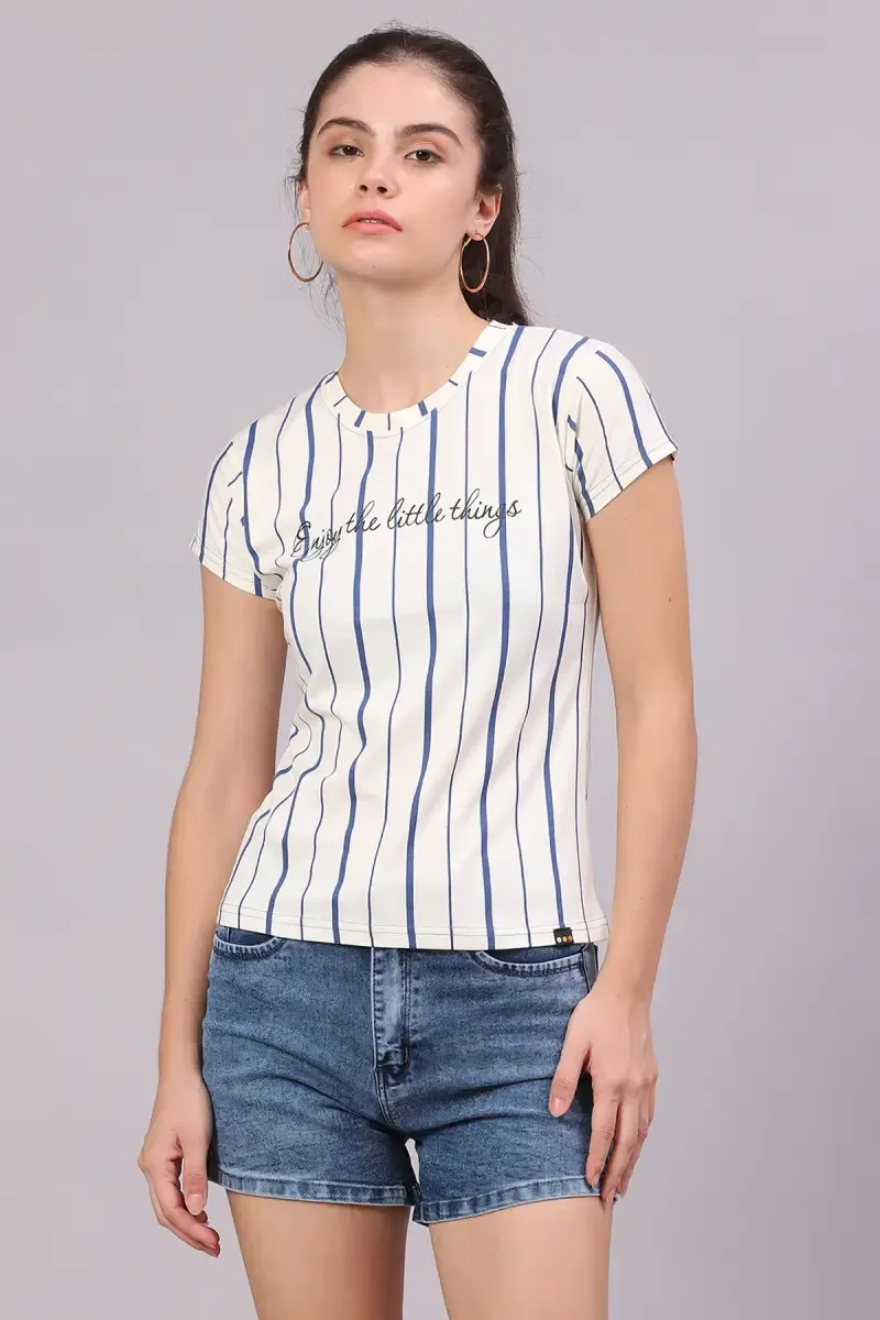 Cotton Lycra Striped T-Shirt for Women 016504XLDARBLU