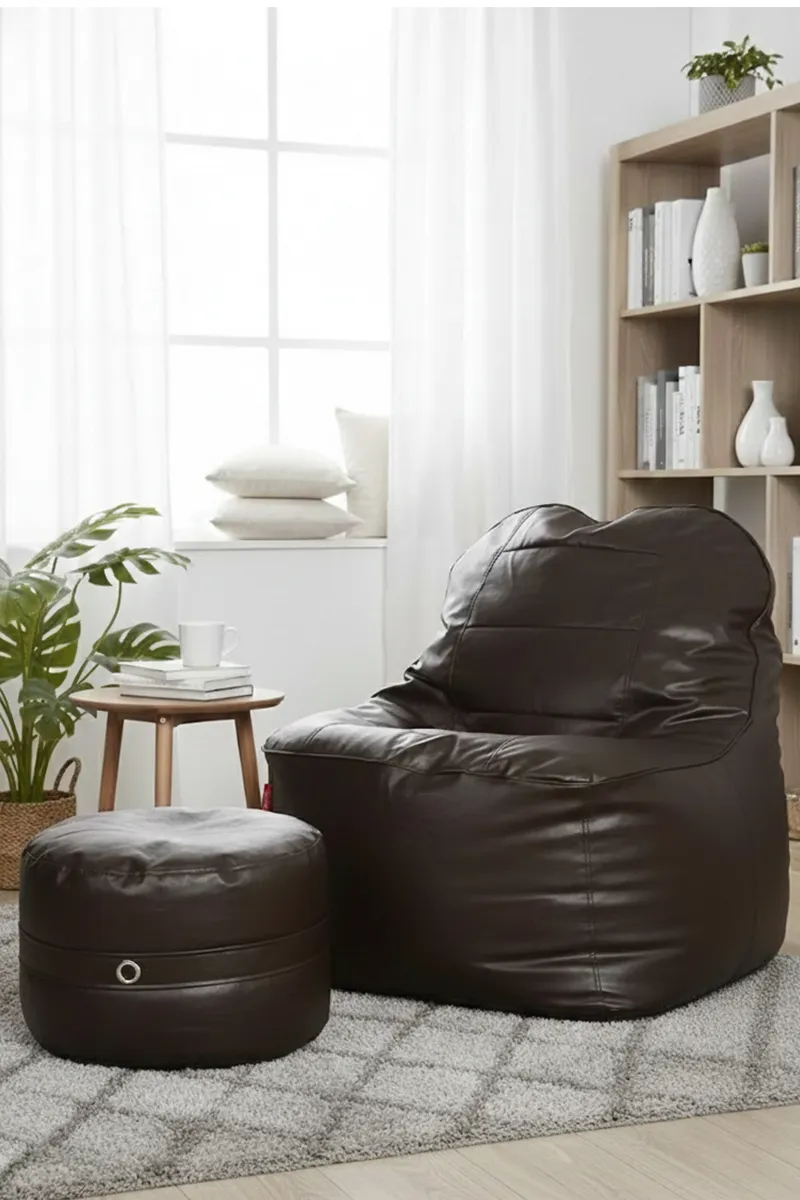 Couchette Faux Leather XXXL Lounge Chair Luxury Bean Bag Cover with Footrest in Dark Brown Color (Without Fillers)