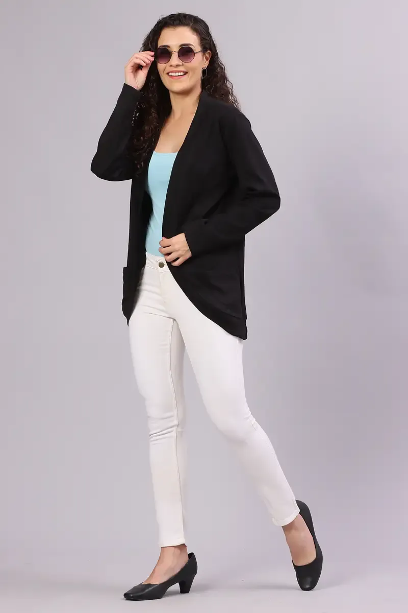 Cotton Blend Solid Front-Open Shrug for Women
