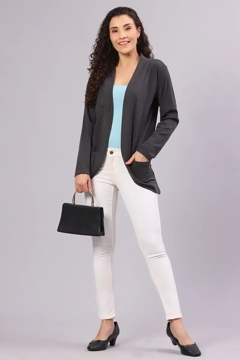 Cotton Blend Solid Front-Open Shrug for Women 016750DARGREXL
