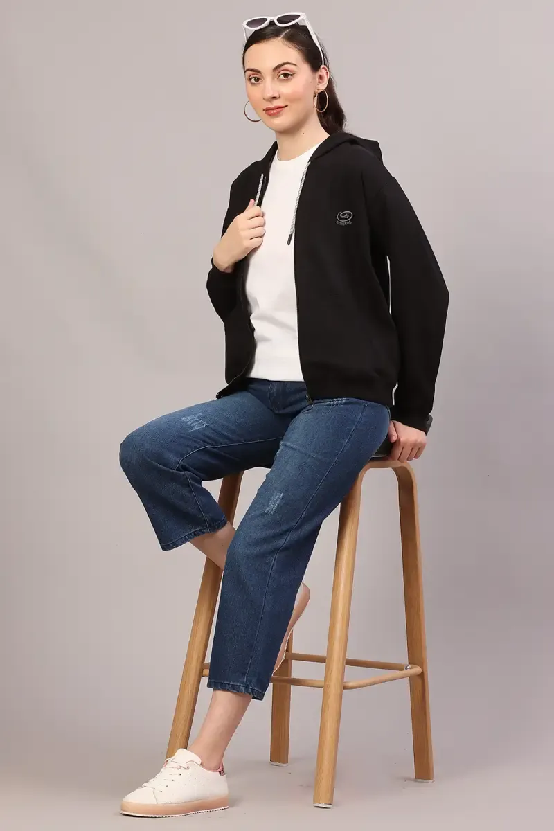 Cotton Solid Zip-Through Hoodie for Women 016756BLAXXL