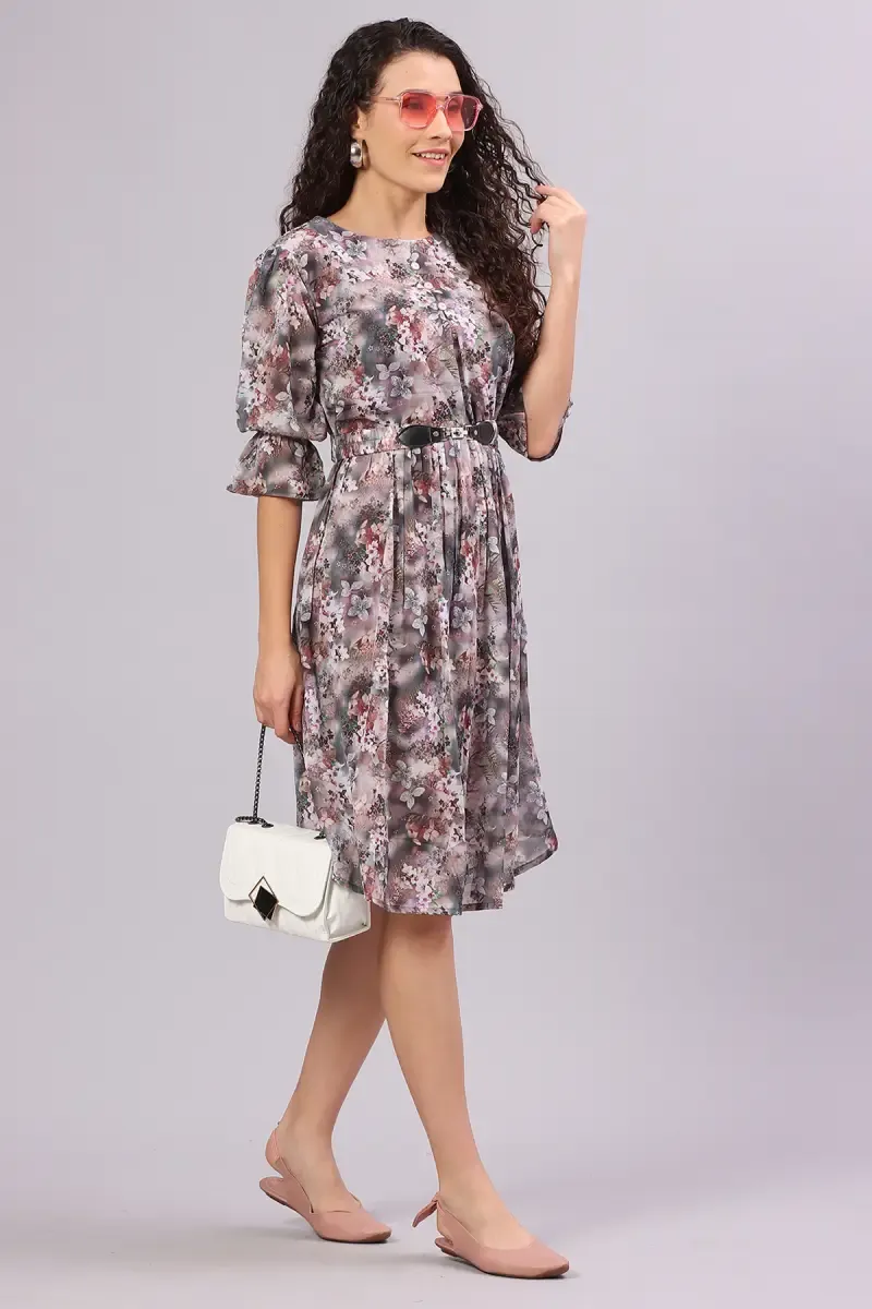 Women Georgette Floral Print Dress With Belt 016757MULXL