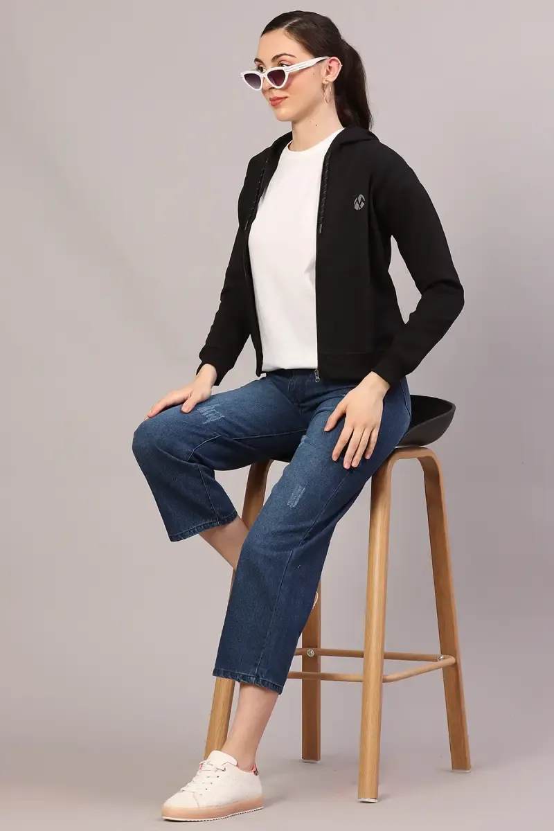 Cotton Solid Zip-Through Hoodie for Women 016793BLAXXL