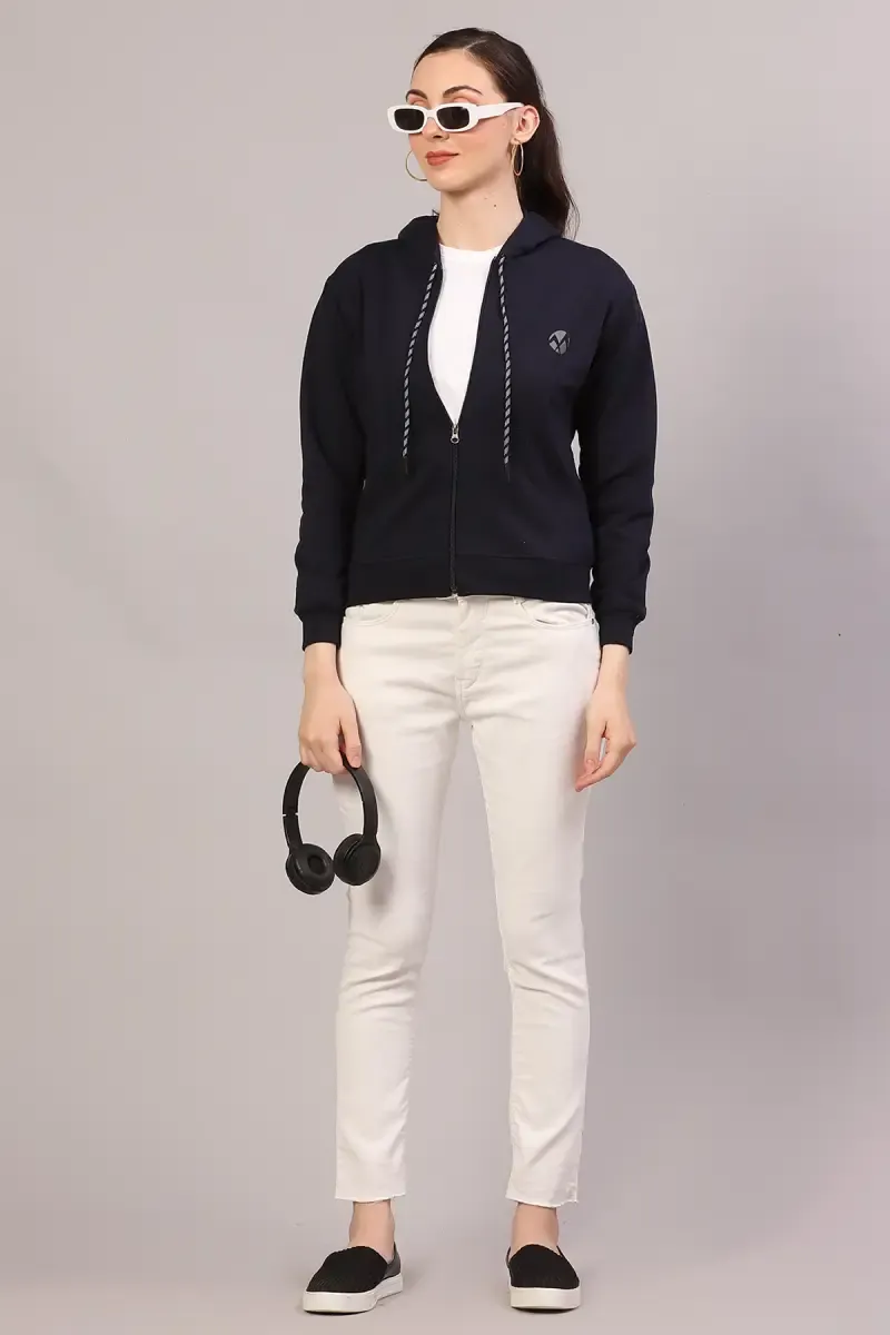 Cotton Solid Zip-Through Hoodie for Women