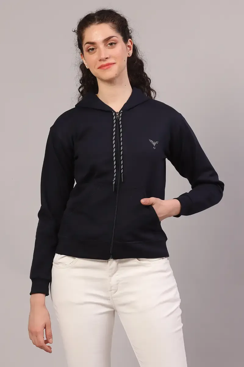 Cotton Lycra Solid Hoodie for Women 016799NAVBLUXXL