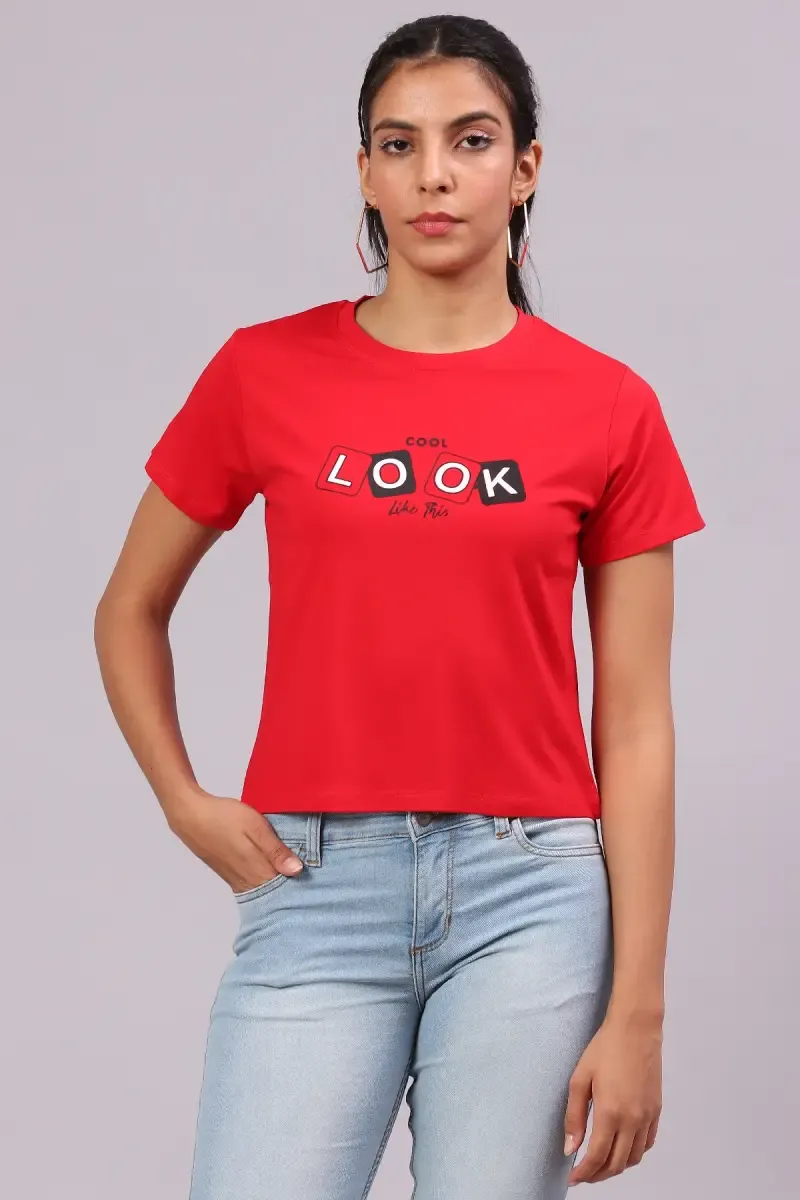 Lycra Typographic Printed T-Shirt for Women 017612LRED