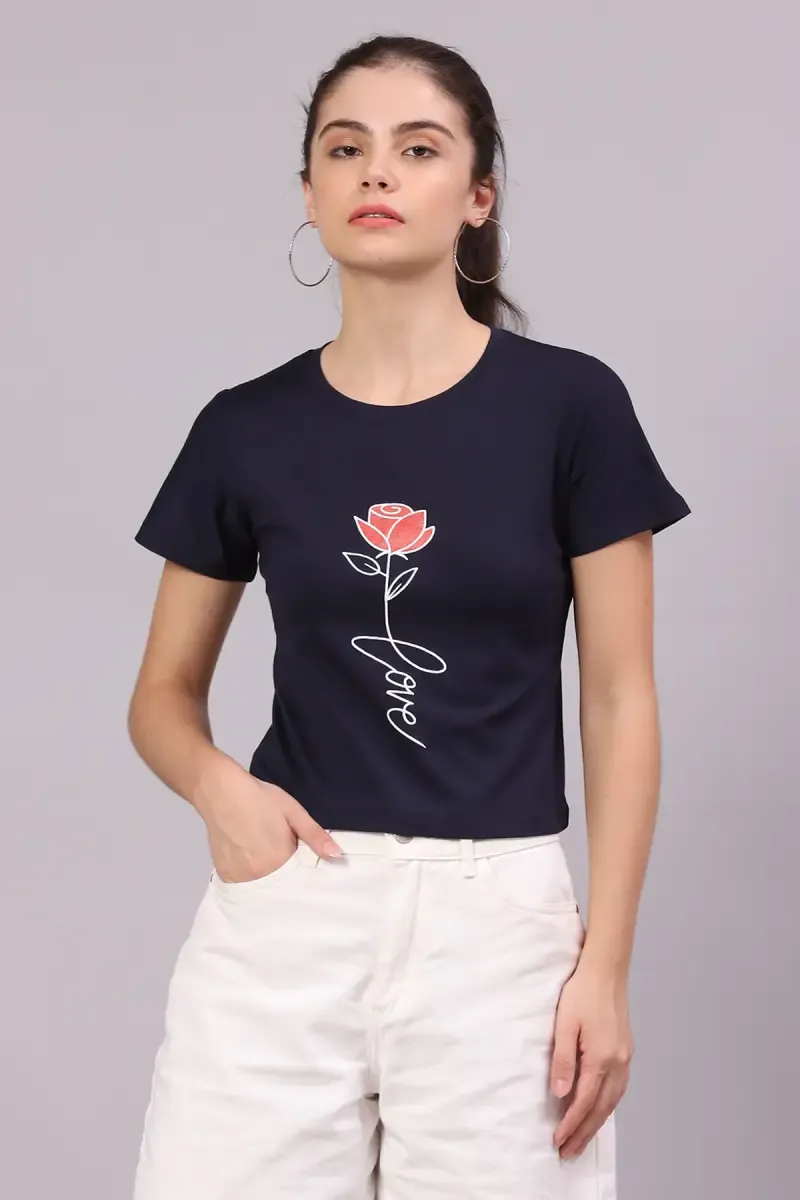 Lycra Printed T-Shirt for Women 017792LNAVBLU