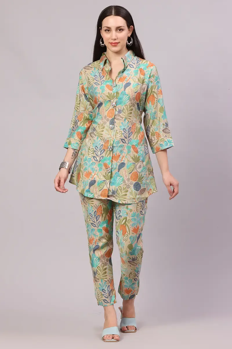 Polyester Botanical Printed Co-ord Set For Women 018599GREXXL