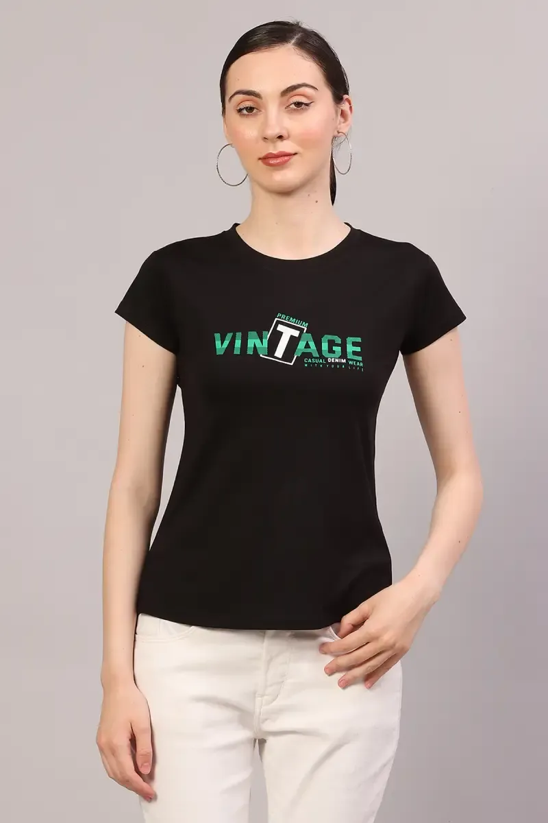 Cotton Lycra Typographic Printed T-Shirt for Women