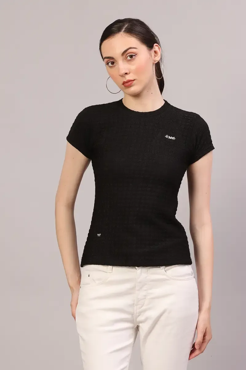 Cotton Lycra Self Design T-Shirt for Women