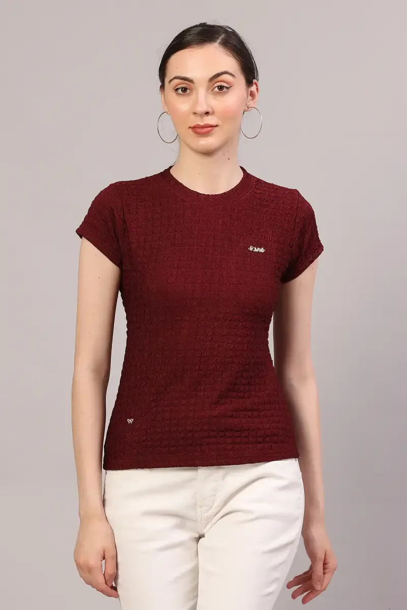 Cotton Lycra Self Design T-Shirt for Women