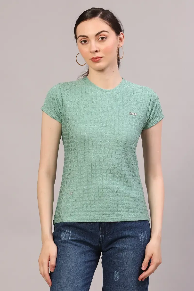 Cotton Lycra Self Design T-Shirt for Women