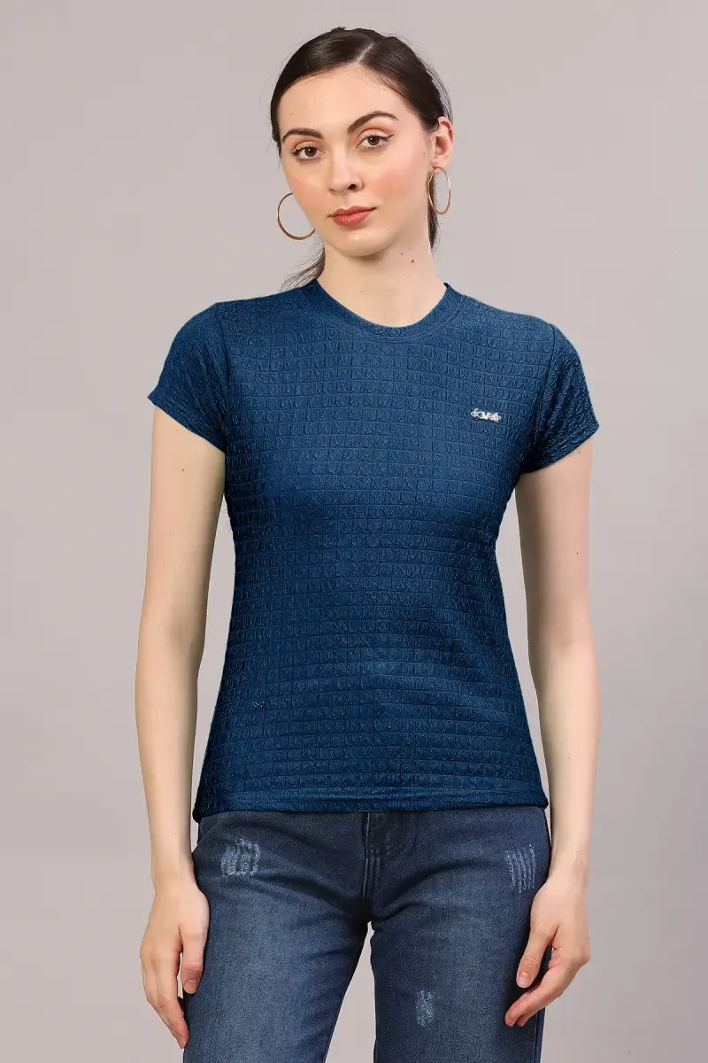Cotton Lycra Self Design T-Shirt for Women