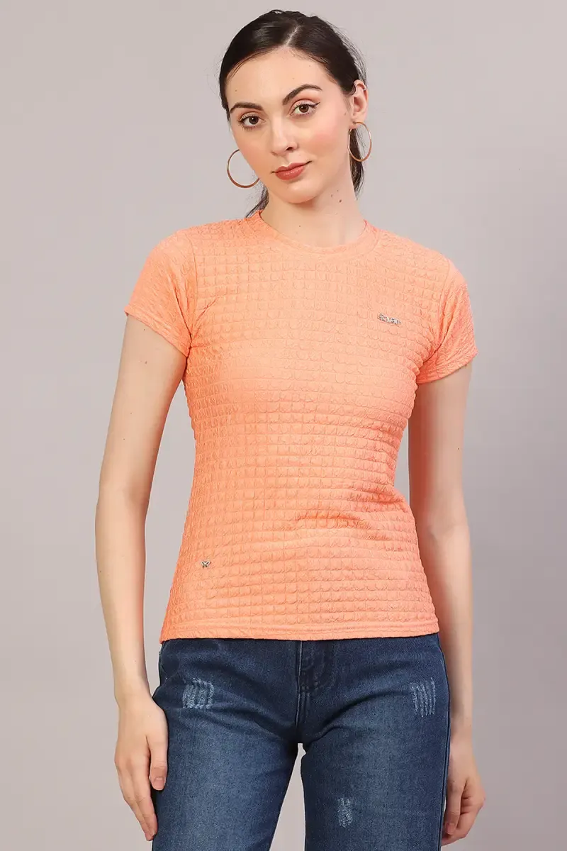Cotton Lycra Self Design T-Shirt for Women