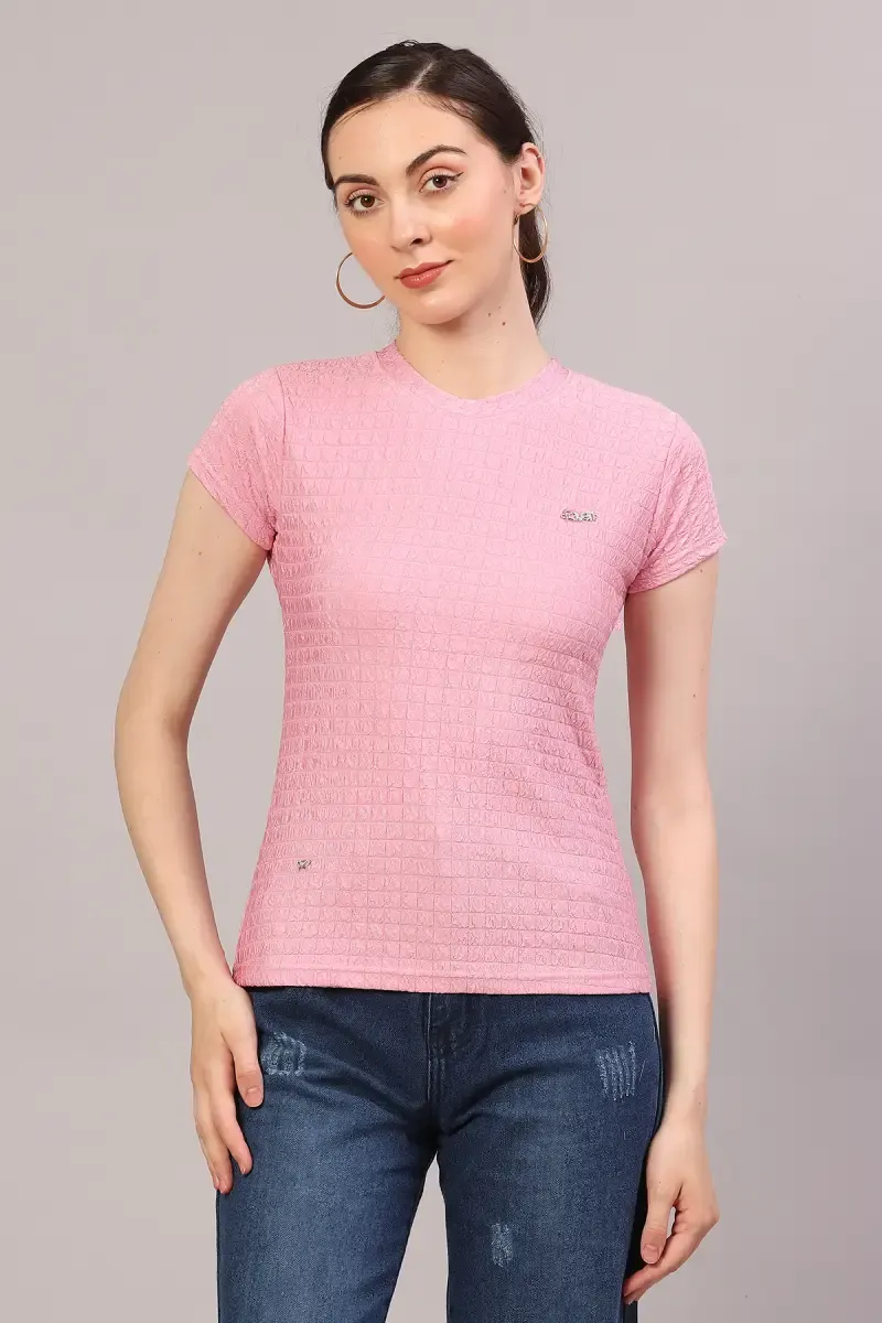 Cotton Lycra Self Design T-Shirt for Women
