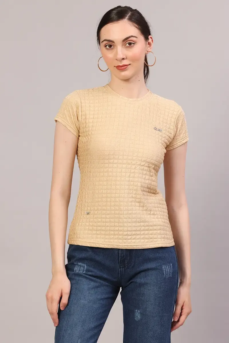 Cotton Lycra Self Design T-Shirt for Women