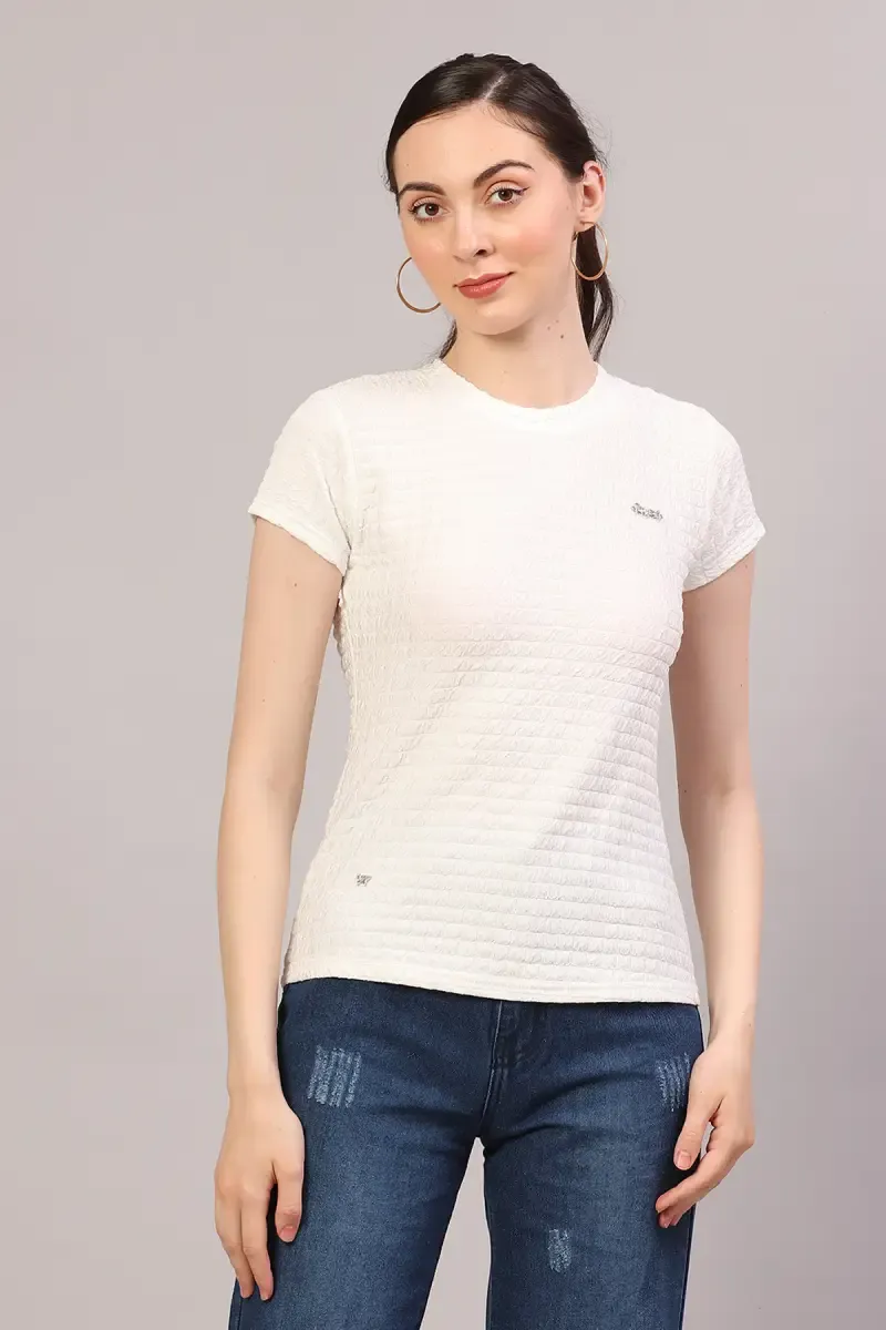 Cotton Lycra Self Design T-Shirt for Women