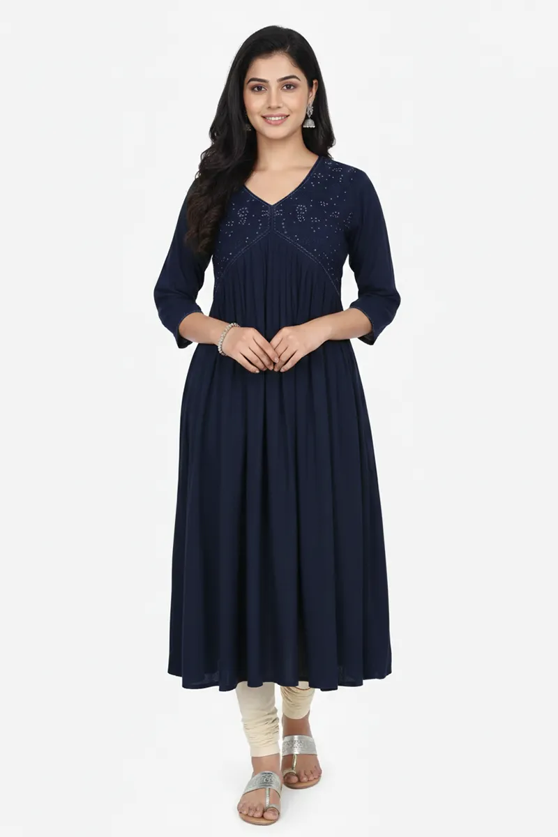 Rayon Solid Kurti for Women 019126LNAVBLU