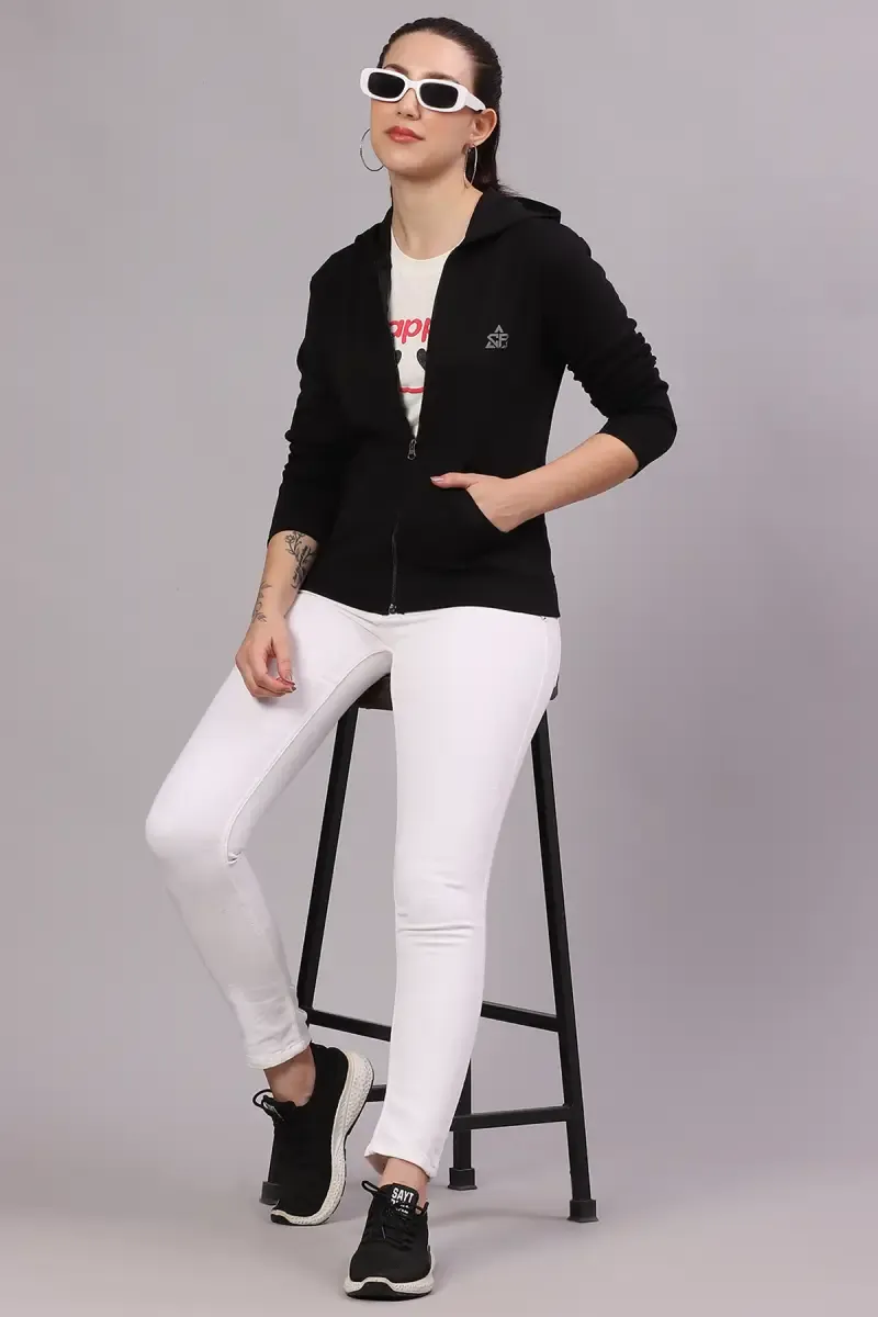 Cotton Blend Solid Hooded Neck Sweat Shirt for Women