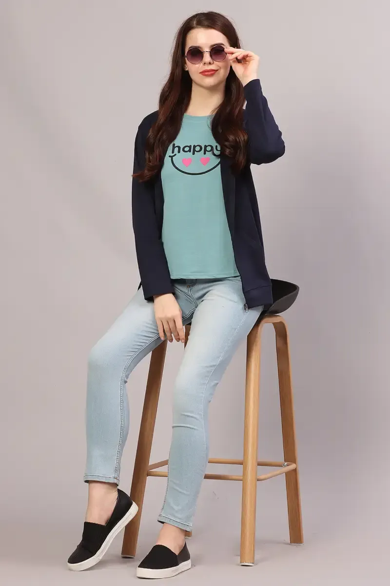 Cotton Solid Hooded Neck Sweat Shirt for Women 019225NAVBLUXL