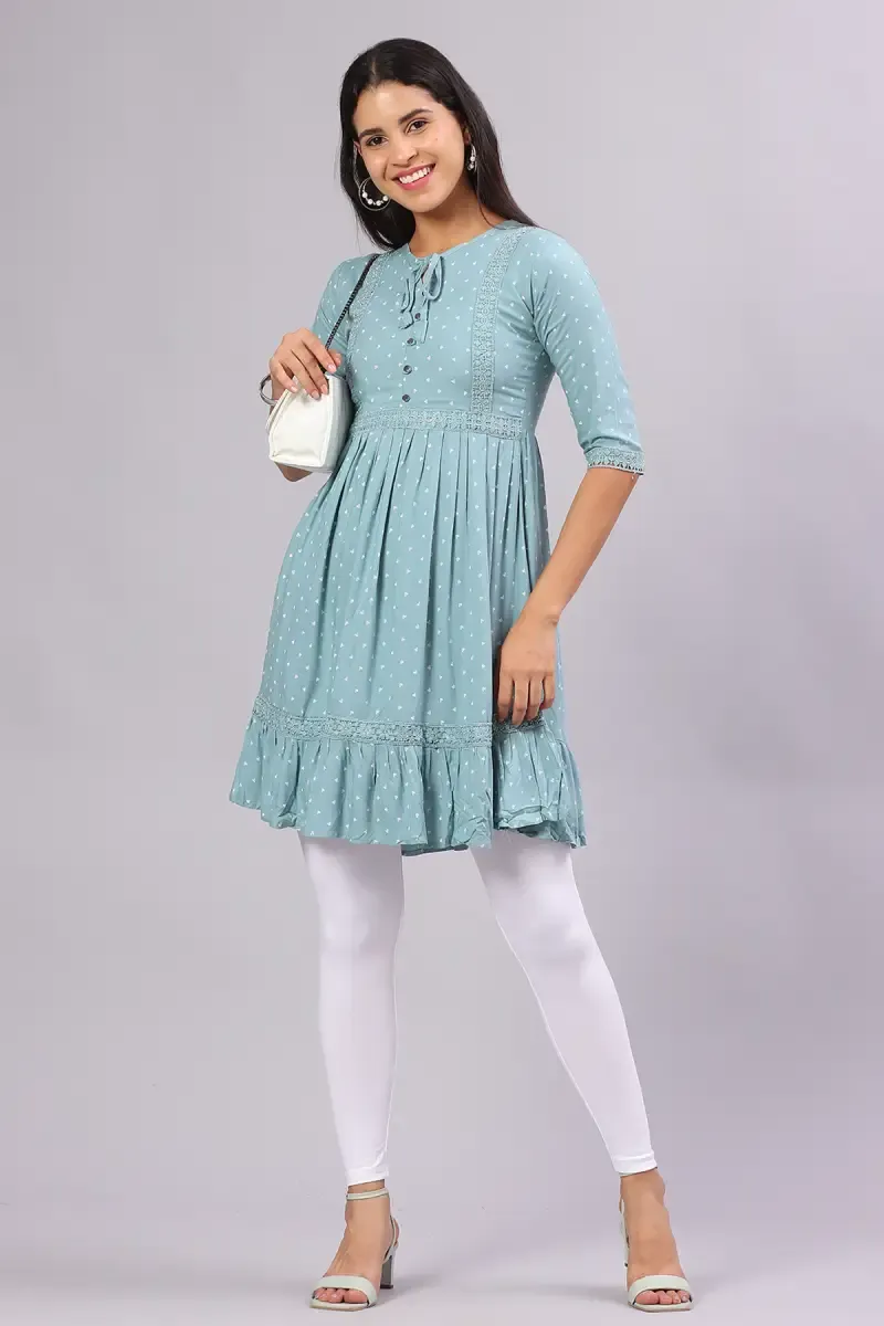Cotton Blend Printed Top for Women 019854SEAGRE36