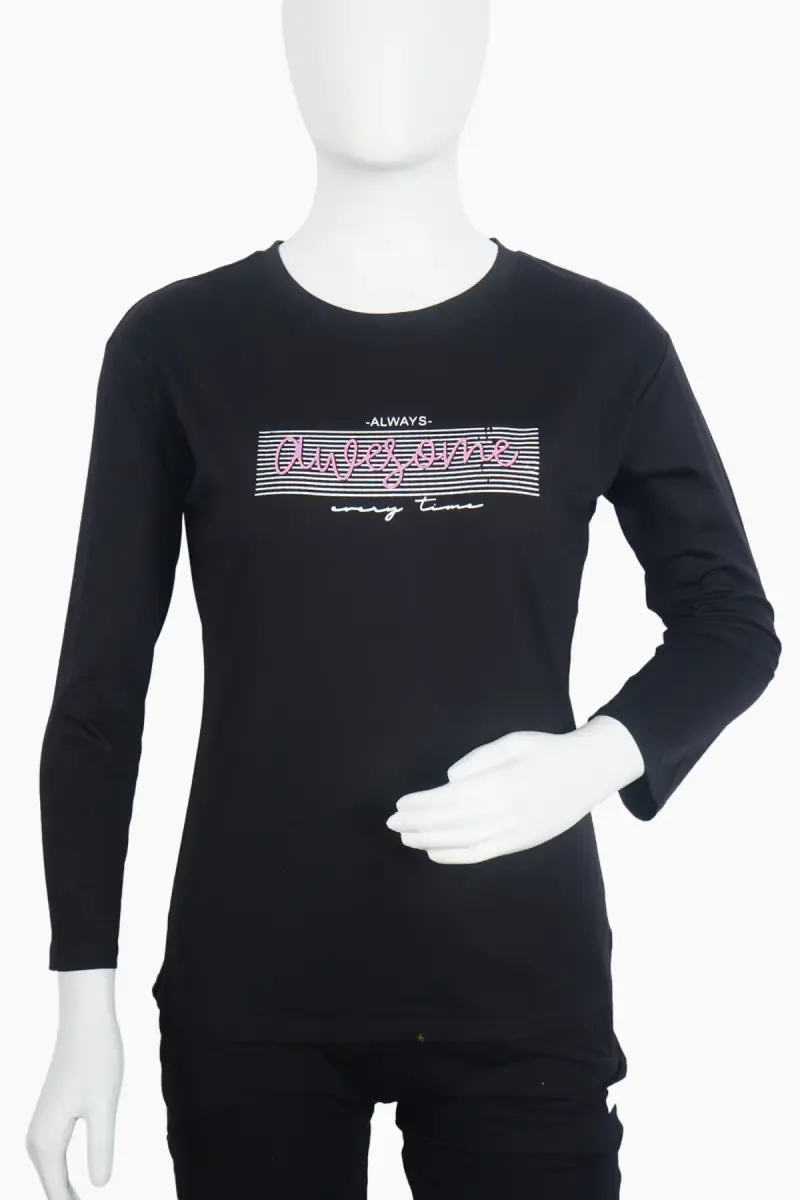 Cotton Lycra Typographic Printed T-Shirt for Women 020852XXLBLA