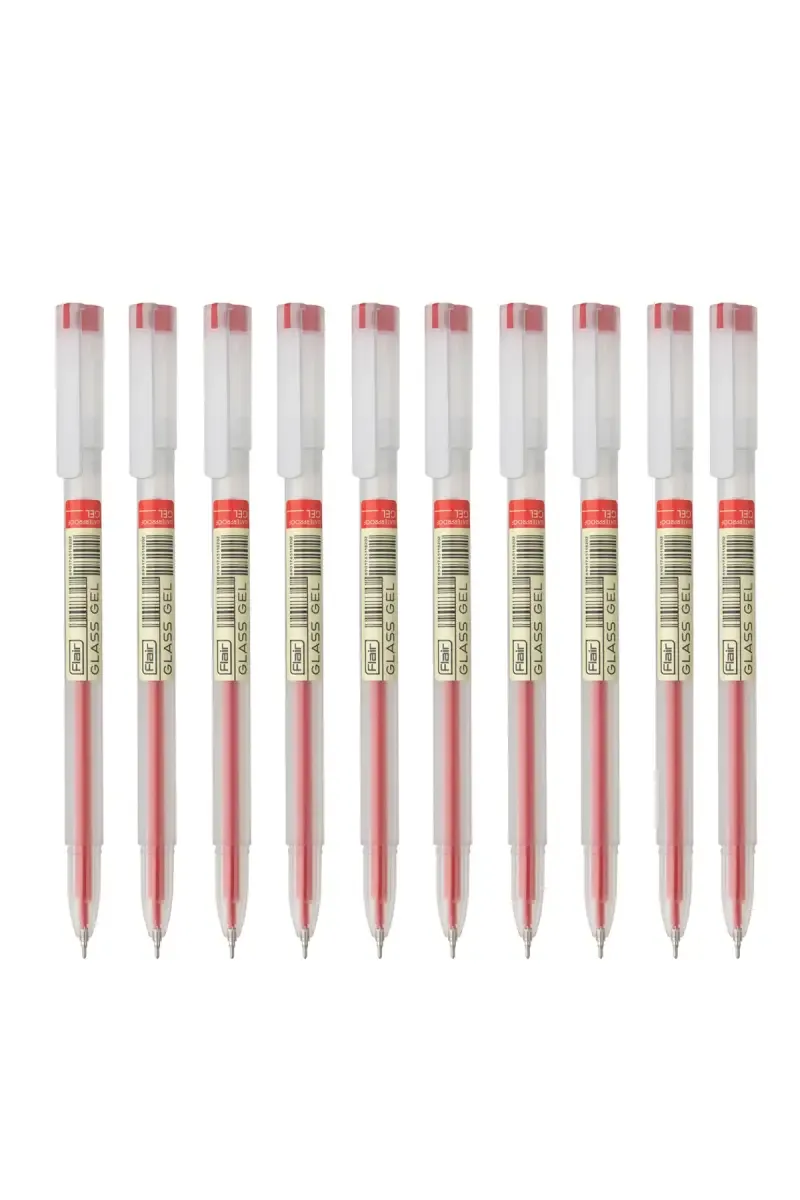 Flair Glass waterproof Gel Pens - Pack Of 10 (Red) 