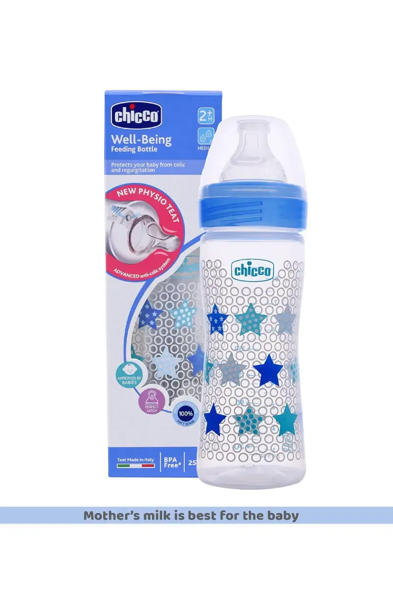 Chicco Well-Being Feeding Bottle (250ml, Medium) - Blue