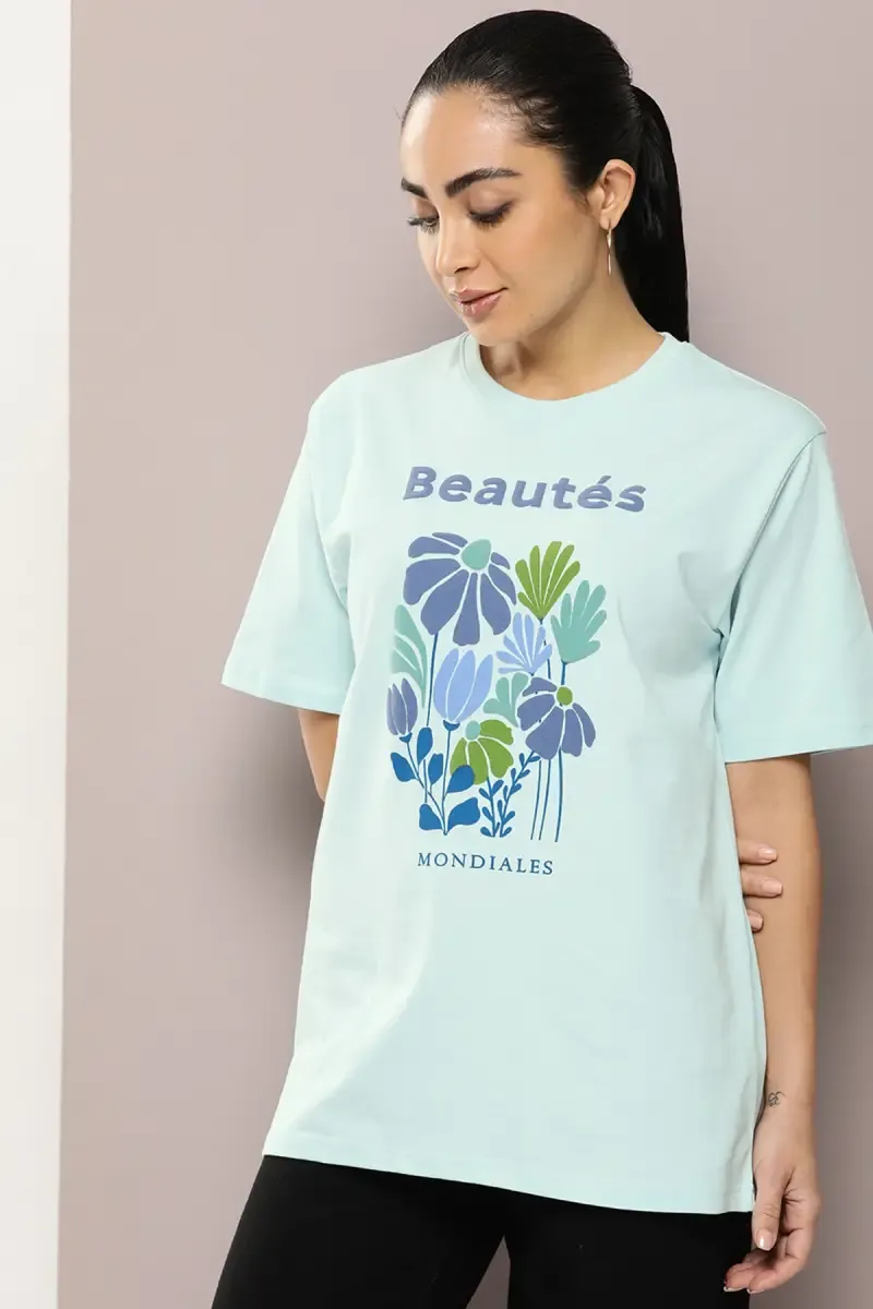 Cotton Printed Oversized Embossed T-Shirt for Women