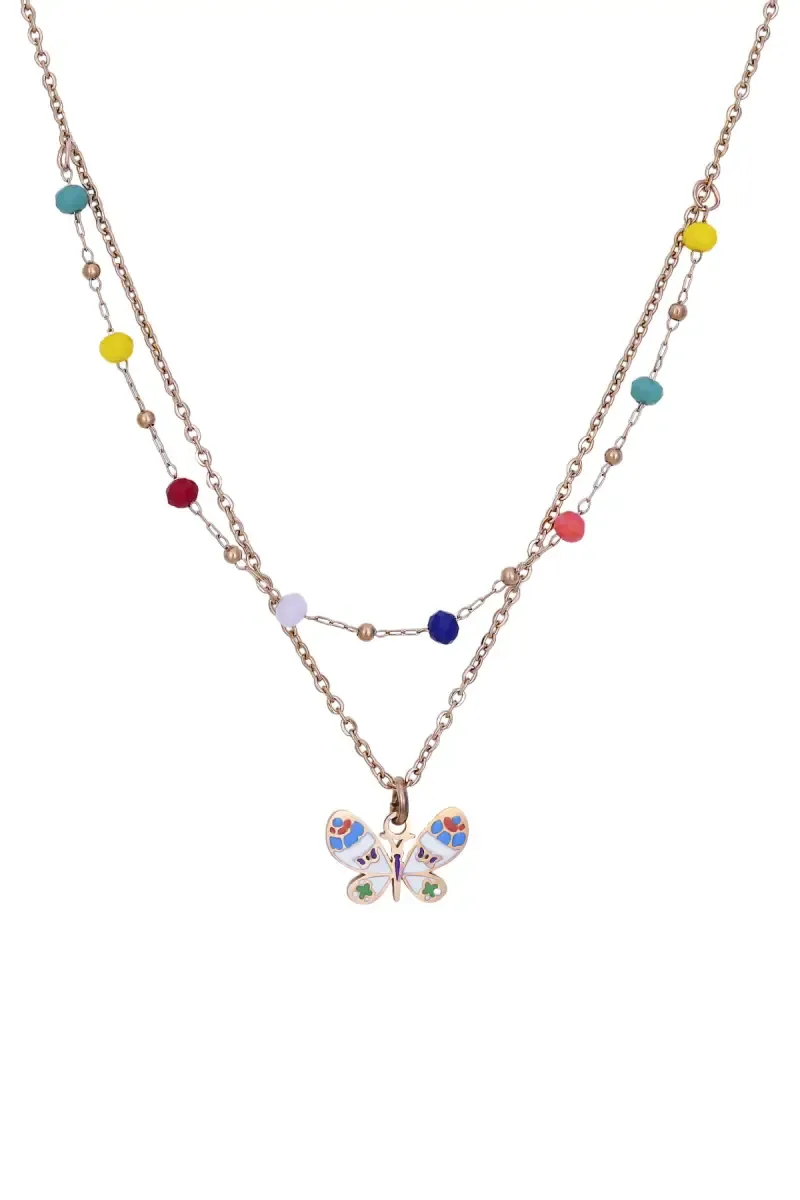 Multicolor Beaded Butterfly Pendant Layered Chain for Girls & Women