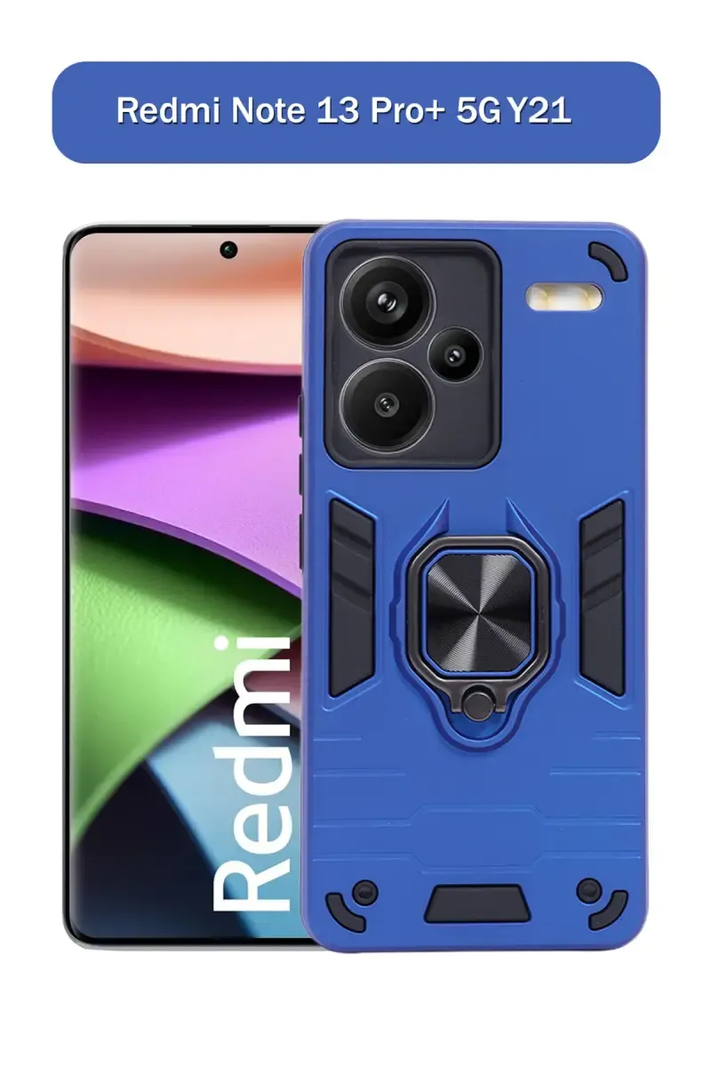 Plastic & Rubber Solid Hard Back Cover Case for Redmi Note 13 Pro+ 5G with Protective Design, 360° Ring Stand, Secure Grip (Blue) 025636REDNOT13PRO5GBLU